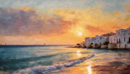 impressionist oil painting beautiful dramatic puglia sunset in italy during summertime - obrazy, fototapety, plakaty