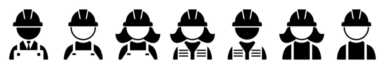 Set of Builder icons.Professional Workers Male and Female in Safety Helmets. .Engineer icons set.Construction worker.
