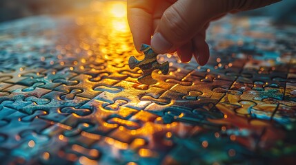 Hand placing the final piece of a jigsaw puzzle to complete the mission.