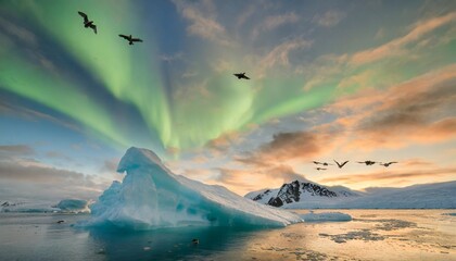 a group of birds flying over an iceberg under a sky filled with green and blue aurora aurora bores - Powered by Adobe