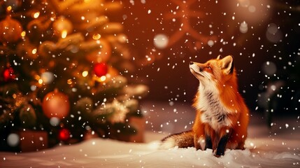 Obraz na płótnie Canvas red fox sitting near the Christmas tree in the snow at winter night.