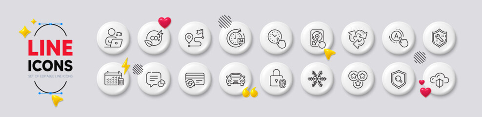 Stars, Time management and Video conference line icons. White buttons 3d icons. Pack of Recycle, Snowflake, Calendar icon. Statistic, Journey, Recovery hdd pictogram. Vector