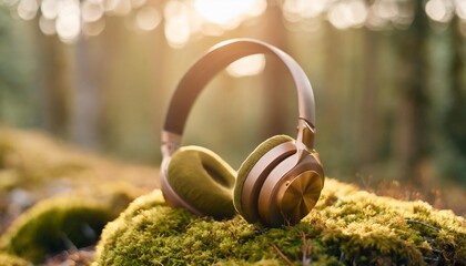 headphones earphones headset made of forest green moss concept of podcast audio sound about nature...