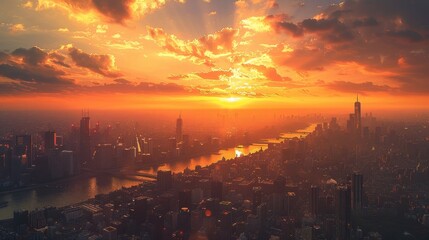 Vibrant cityscape at sunset  aerial view captured in high resolution with rich dynamic range