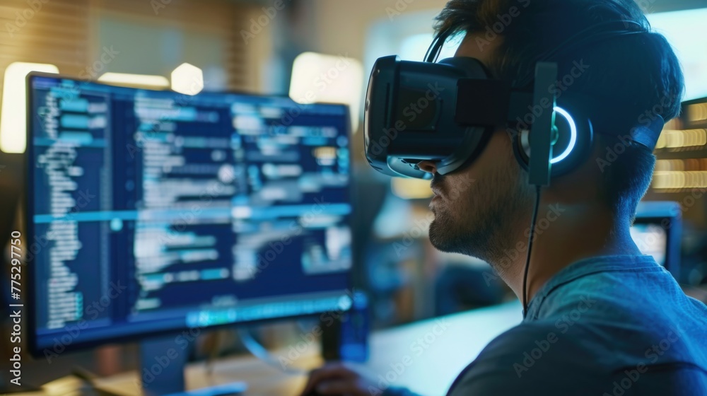 Aufkleber A man wearing a virtual reality headset in front of a computer. Ideal for technology and gaming concepts