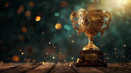 Image of a gold trophy positioned on a wooden table against a dark background, illuminated by abstract shiny lights. - obrazy, fototapety, plakaty