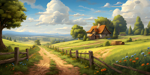 Illustration of a rural quiet place landscape with a farmer house 