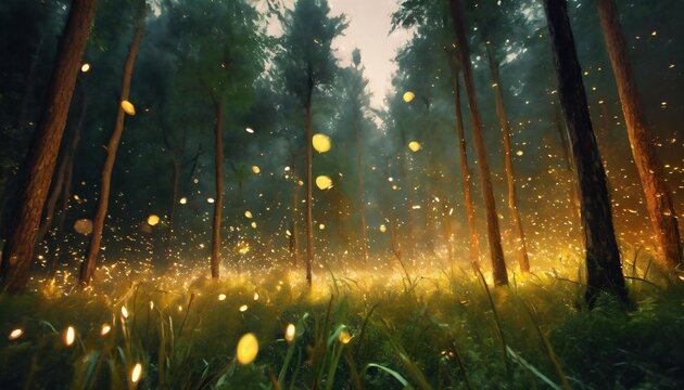 fireflies night forest landscape digital painting 4k high quality insects in forest at night tall trees grass yellow lights beautiful scenery high quality firefly