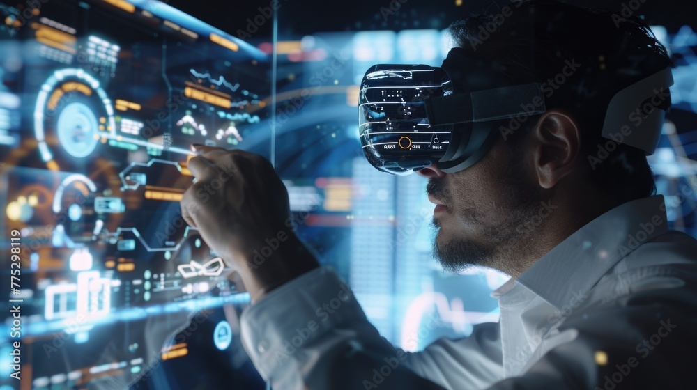 Aufkleber a man in a white shirt using a virtual device. suitable for technology concepts