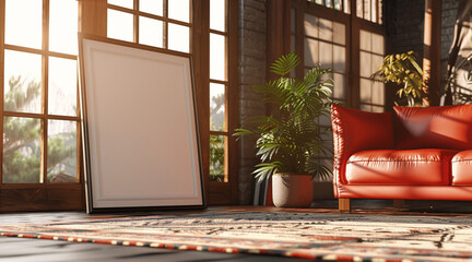 an empty vertical photo frame, on the ground against a red leather sofa, late afternoon light streaming in through large windows There is a rug on the floor, the room looks like a japanese living room
