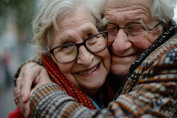 Two elderly women wearing glasses are hugging each other