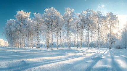   A picture of a winter scene with trees upfront and a blue sky with cloud formations behind - obrazy, fototapety, plakaty