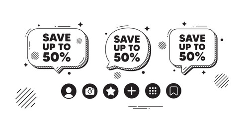 Save up to 50 percent tag. Speech bubble offer icons. Discount Sale offer price sign. Special offer symbol. Discount chat text box. Social media icons. Speech bubble text balloon. Vector - obrazy, fototapety, plakaty