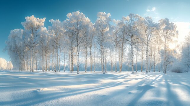   A picture of a winter scene with trees upfront and a blue sky with cloud formations behind