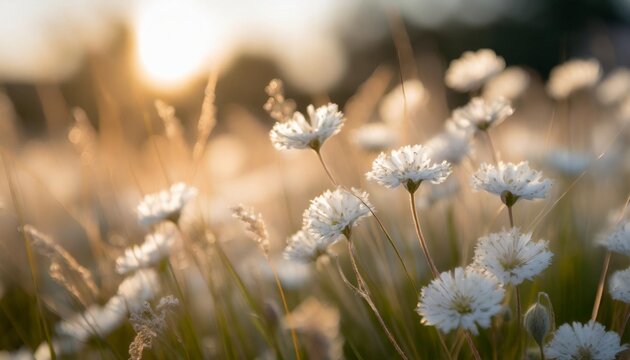 a close up of some white flowers depicts a detailed view of delicate white blooms ideal for nature themed designs soft gently wind grass flowers in aesthetic nature of early morning