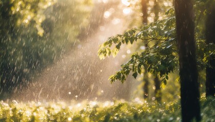 summer rain in lush green forest with heavy rainfall background rain in the forest with sun casting...