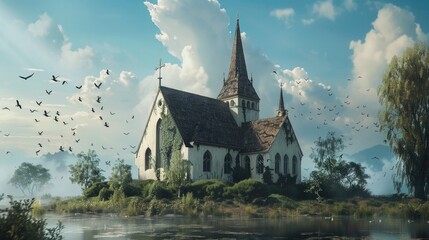 Fototapeta na wymiar A picturesque scene of birds flying around a church. Ideal for religious themes or nature backgrounds