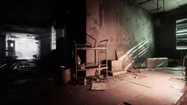 dark inside an abandoned decaying mental hospital