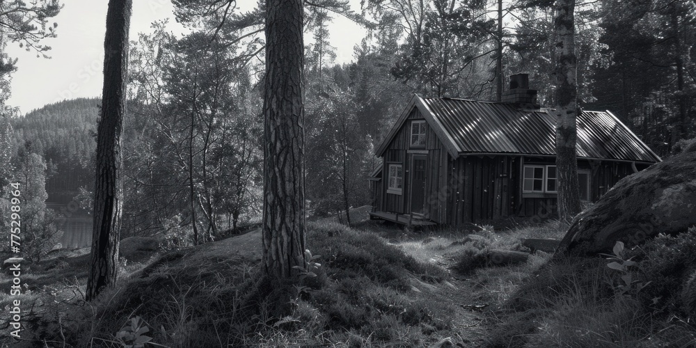 Poster a black and white photo of a rustic cabin in a secluded forest. ideal for nature or rustic themed de