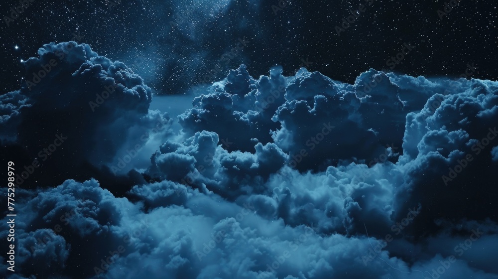 Poster A mesmerizing view of a night sky filled with clouds and stars. Perfect for background use in various projects