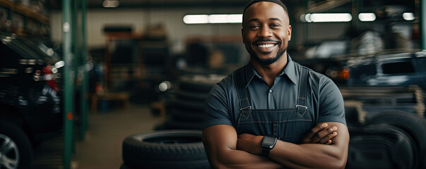 Handsome car mechanic standing with crossed arms in front of his car garage. - Powered by Adobe