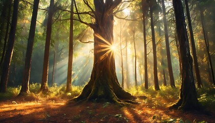 dark dense forest the sun s rays pass through the trees shadows big old tree in the center beautiful forest fantasy landscape unreal world mysterious forest 3d illustration - obrazy, fototapety, plakaty