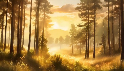 artistic conception of beautiful landscape painting of nature of forest background illustration...