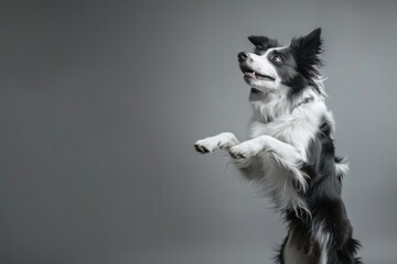 A black and white dog leaps to catch a frisbee. Ideal for pet and sports-related designs