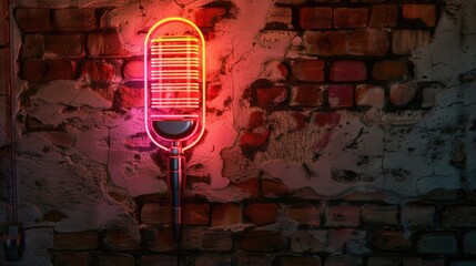 Brightly lit up neon microphone against a textured brick wall. Ideal for music or nightlife concepts