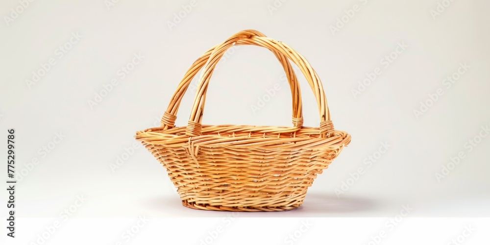 Poster a wicker basket with handles on a plain white background. perfect for product displays
