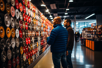 Two men are looking at wall of car parts in car shop.