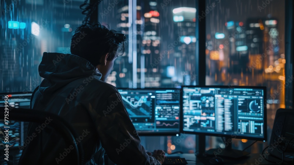 Poster A man sitting in front of two computer monitors. Perfect for technology concepts