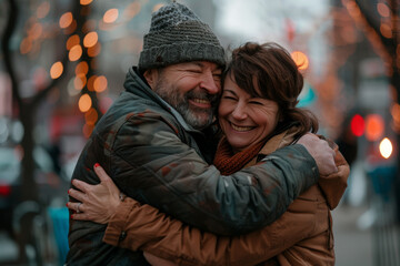 A man and woman are hugging and smiling for the camera