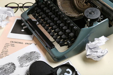 Retro typewriter, criminal files and crumpled paper balls on light background, closeup