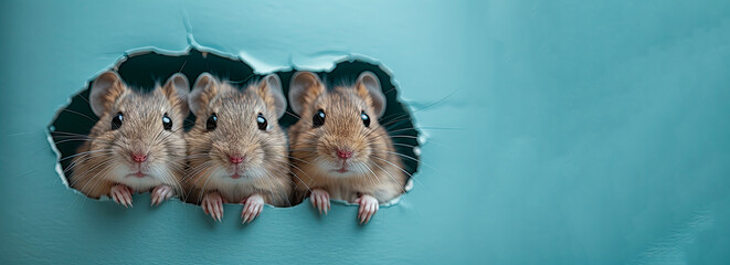 Banner with three mice head peeking through a hole in a teal paper wall. - obrazy, fototapety, plakaty