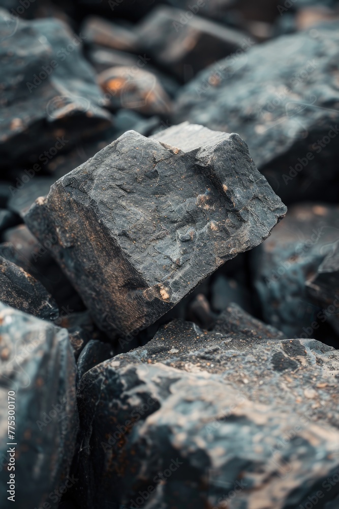 Poster a detailed view of a pile of rocks. suitable for geological or construction concepts