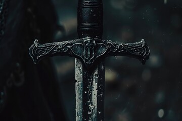 Naklejka premium Close up of a sword on a table, suitable for historical or fantasy themes