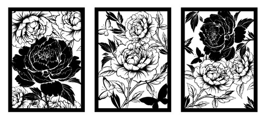 Black and white peonies flowers. Monochrome postcard. hand drawing. Not AI, Vector illustration