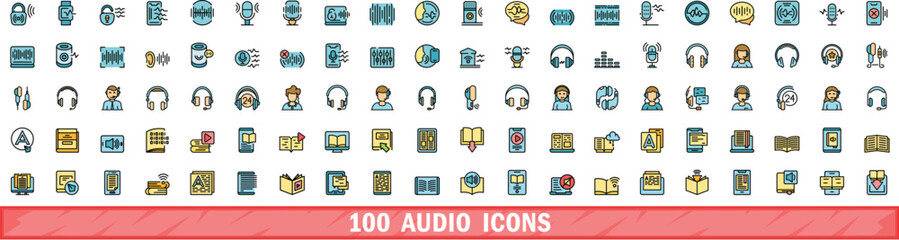 100 audio icons set. Color line set of audio vector icons thin line color flat on white