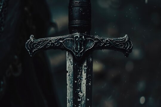Close up of a sword on a table, suitable for historical or fantasy themes
