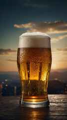 Vertical shot of a glass of golden beer with foam, sunset light 