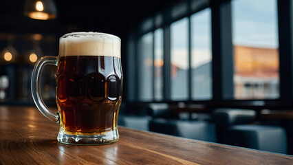 Dark lager beer on a wooden table, left aligned, windows background of a bar / event
