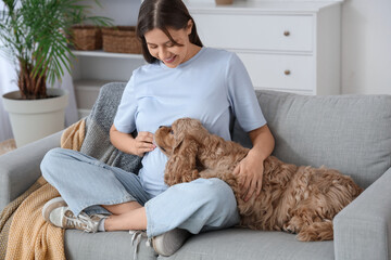 Beautiful pregnant woman with cocker spaniel sitting on sofa at home