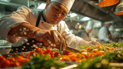 Vibrant kitchen scene  chef preparing gourmet dish with finely chopped vegetables