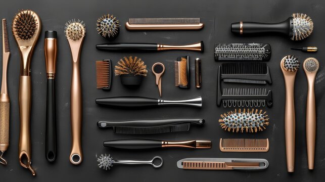 Collection of professional hair dresser tools arranged on black background