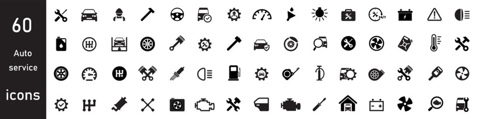 Auto service, garage, car, 60 icons set. Repair cars, car detail. Vector illustration.