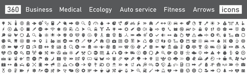 Set of icons, mega collection 360 icons. Business, fitness, medicals, sport, ecology, food, auto service, finance, arrows. Vector. - obrazy, fototapety, plakaty