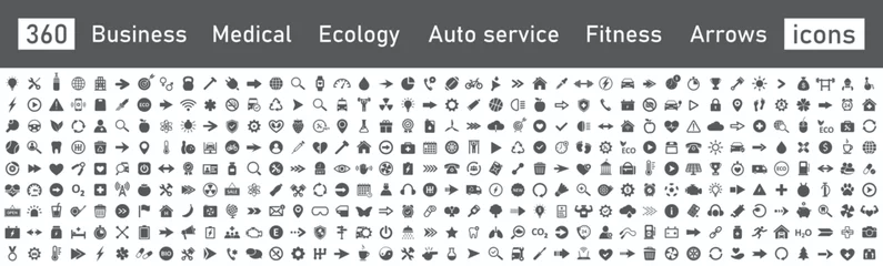 Poster Set of icons, mega collection 360 icons. Business, fitness, medicals, sport, ecology, food, auto service, finance, arrows. Vector. © SVIATOSLAV