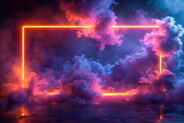 A vibrant, pulsating square border made of electric neon for a dynamic music magazine cover.