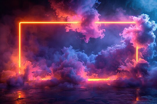 A vibrant, pulsating square border made of electric neon for a dynamic music magazine cover.